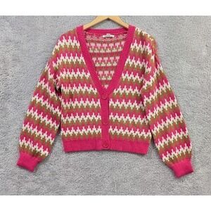 Cato Cardigan Long Sleeve Sweater Pink White Brown Small Oversized Button Up
